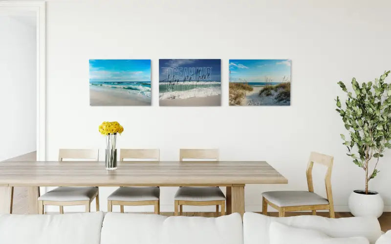 Emerald Coast waves with "Ocean Air Salty Hair" text, coastal glass print for beach dining decor.