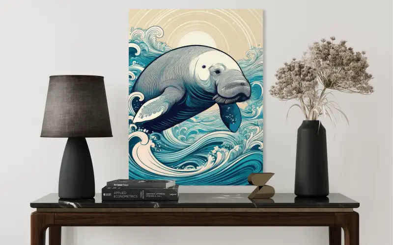 Glass print of line art manatee playing in hokusai style waves with sun rising behind it-wall decor