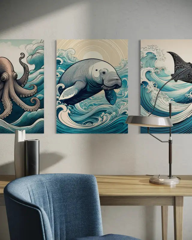 Glass print of line art manatee playing in hokusai style waves with sun rising behind it-displayed with 2 other matching prints