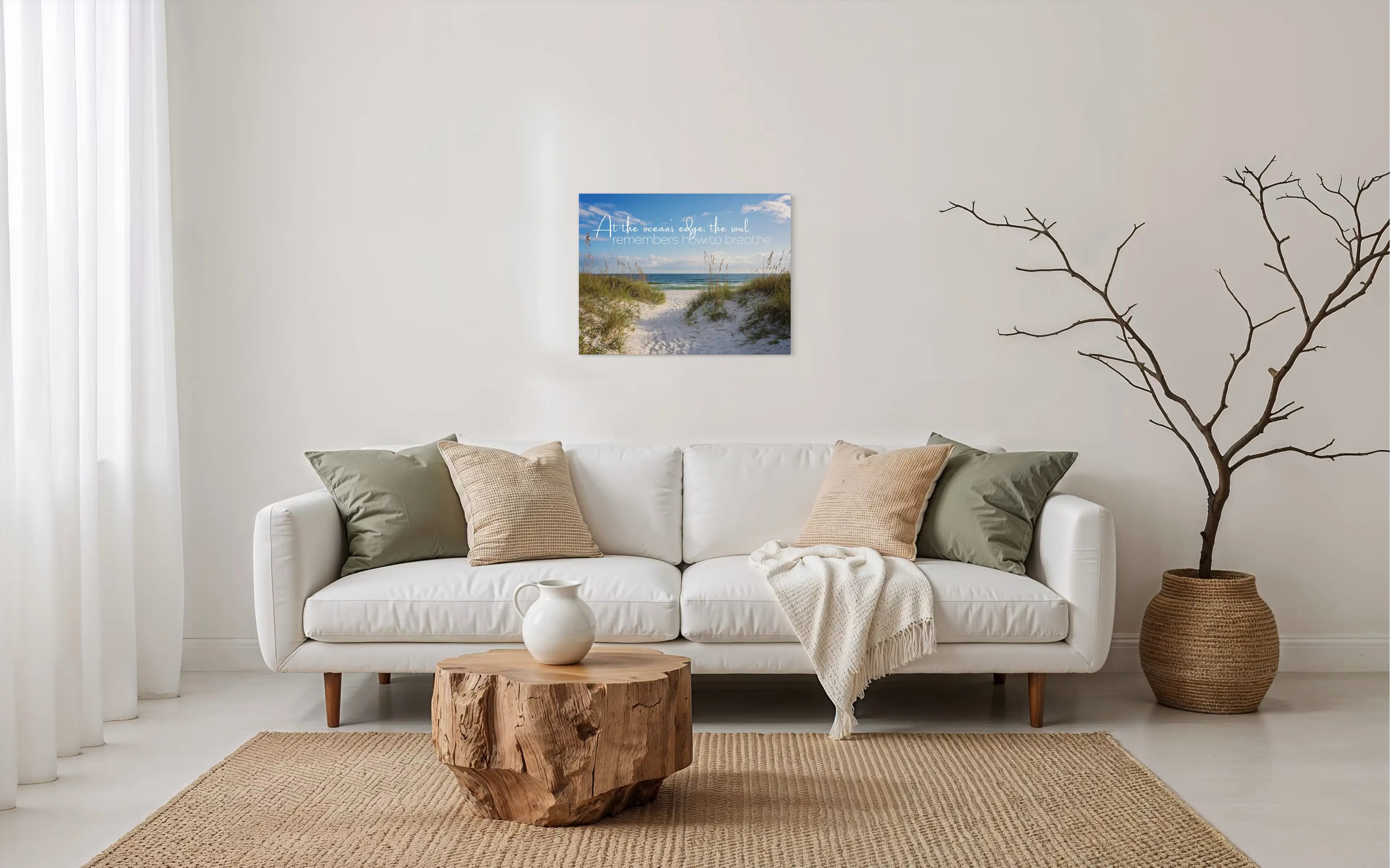 Coastal glass print with inspirational quote: At the ocean’s edge, the soul remembers how to breathe. Sand dunes and sea oats, coastal hygge room