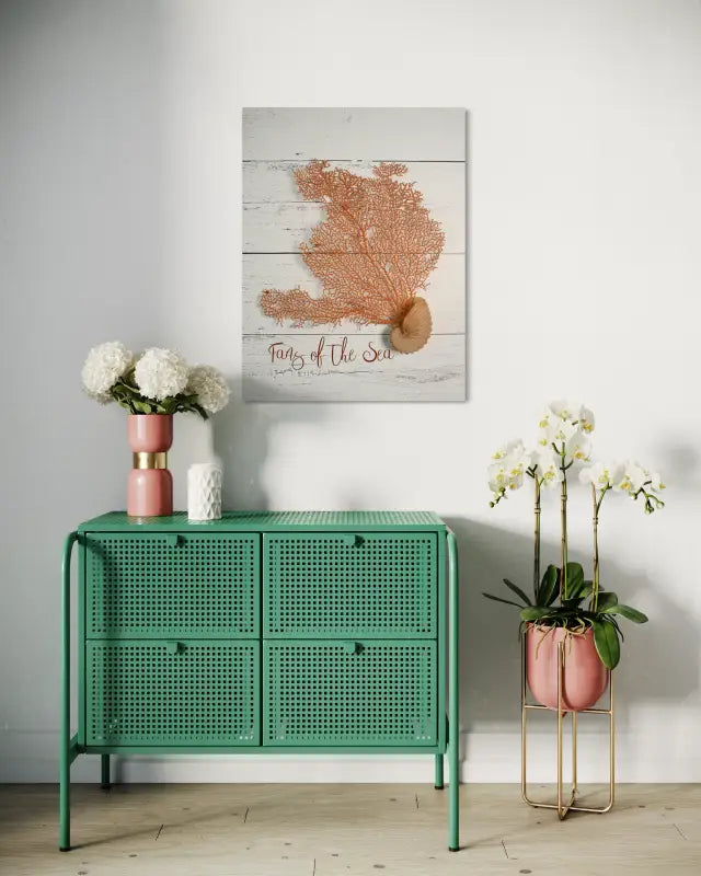Sea fan and nautilus on white shiplap, Echoes of the Sea glass art, fun coastal decor