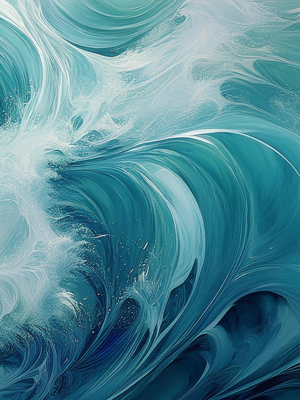Right panel of an ocean wave triptych featuring rolling turquoise waves and white foam on frameless glass.