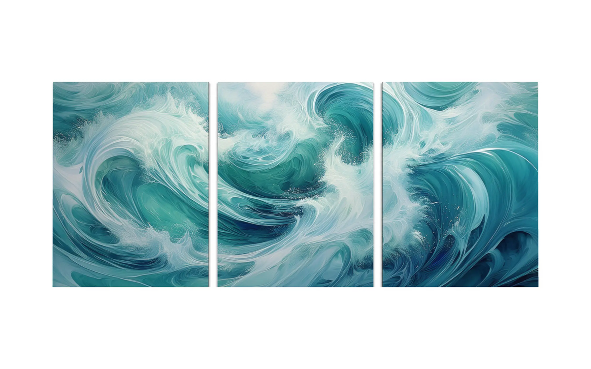 Ocean wave triptych glass wall art with swirling turquoise, teal, and white surf across three frameless glass panels.