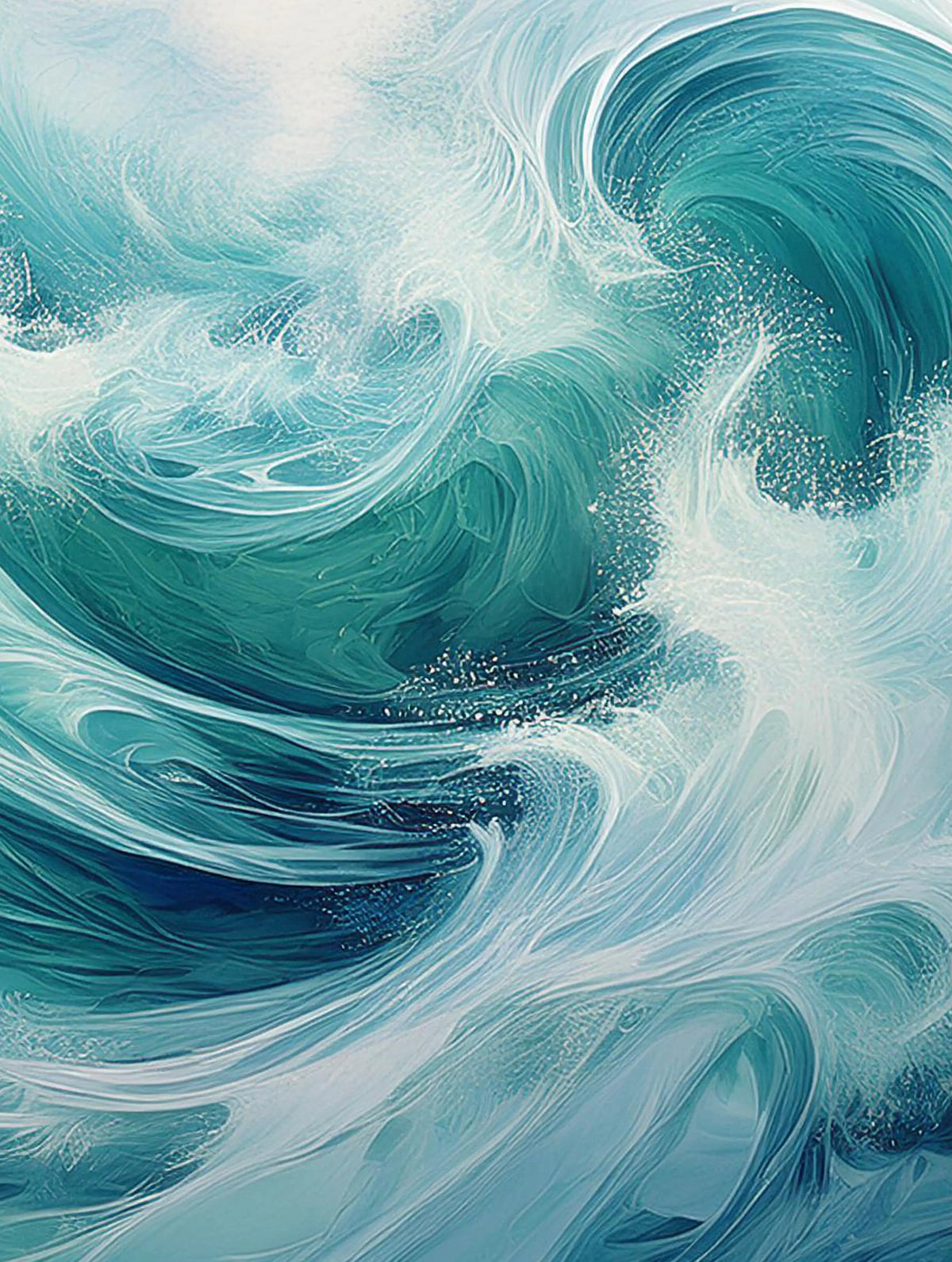 Center panel of an ocean wave triptych featuring curling blue-green waves and white sea foam on frameless glass.