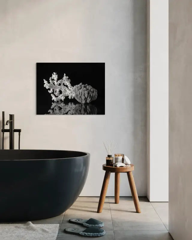 Black & White Glass print of octopus coral and sea sponge on black background-elegant bathroom decor