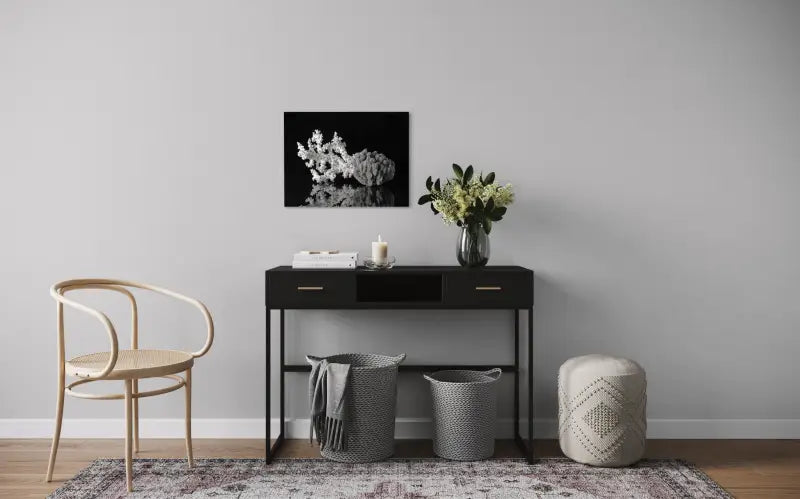 Black & White Glass print of octopus coral and sea sponge on black background-wall decor