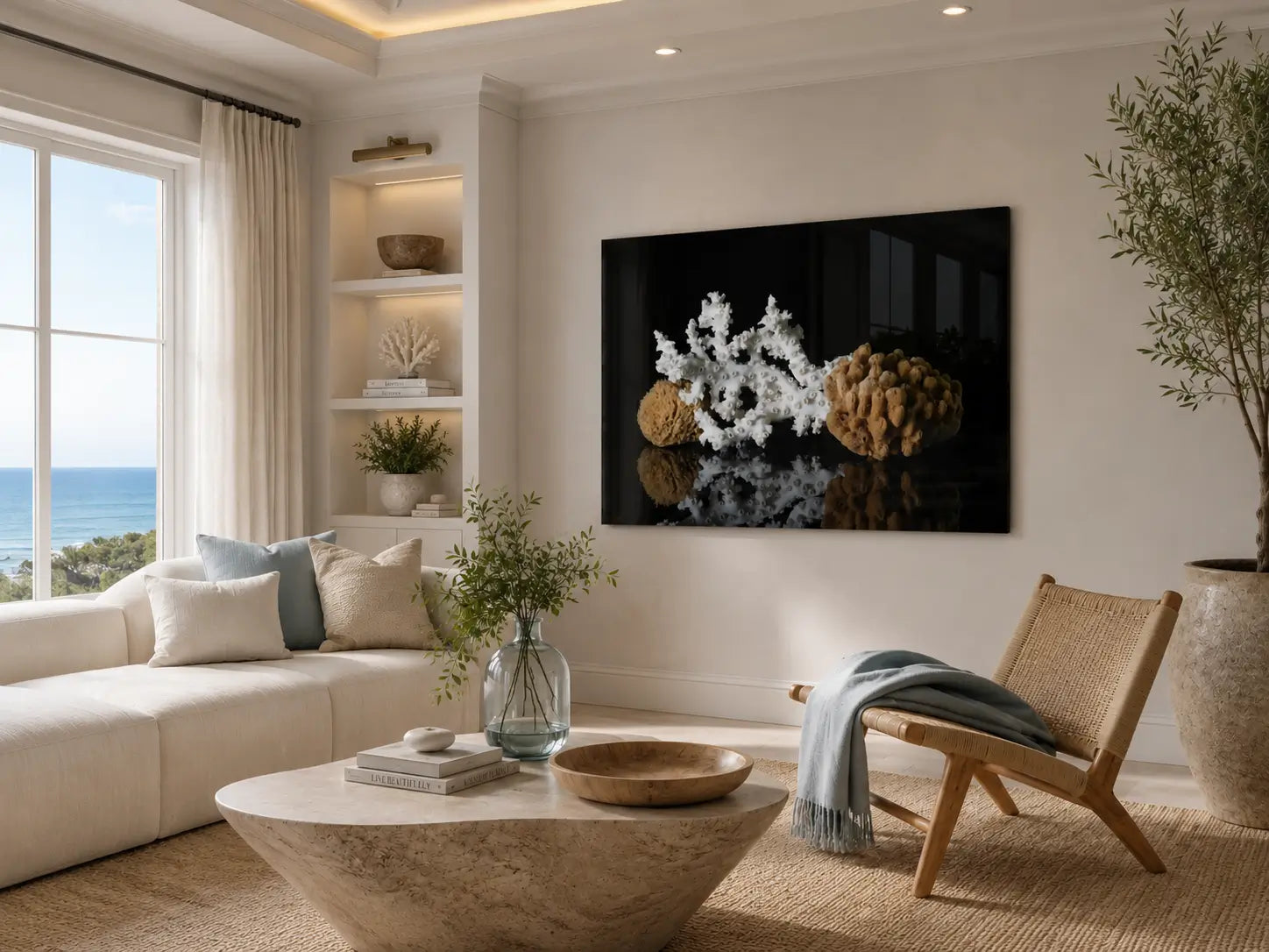 Modern coastal living room with glass print of octopus coral and sea sponges on a dramatic black reflective background