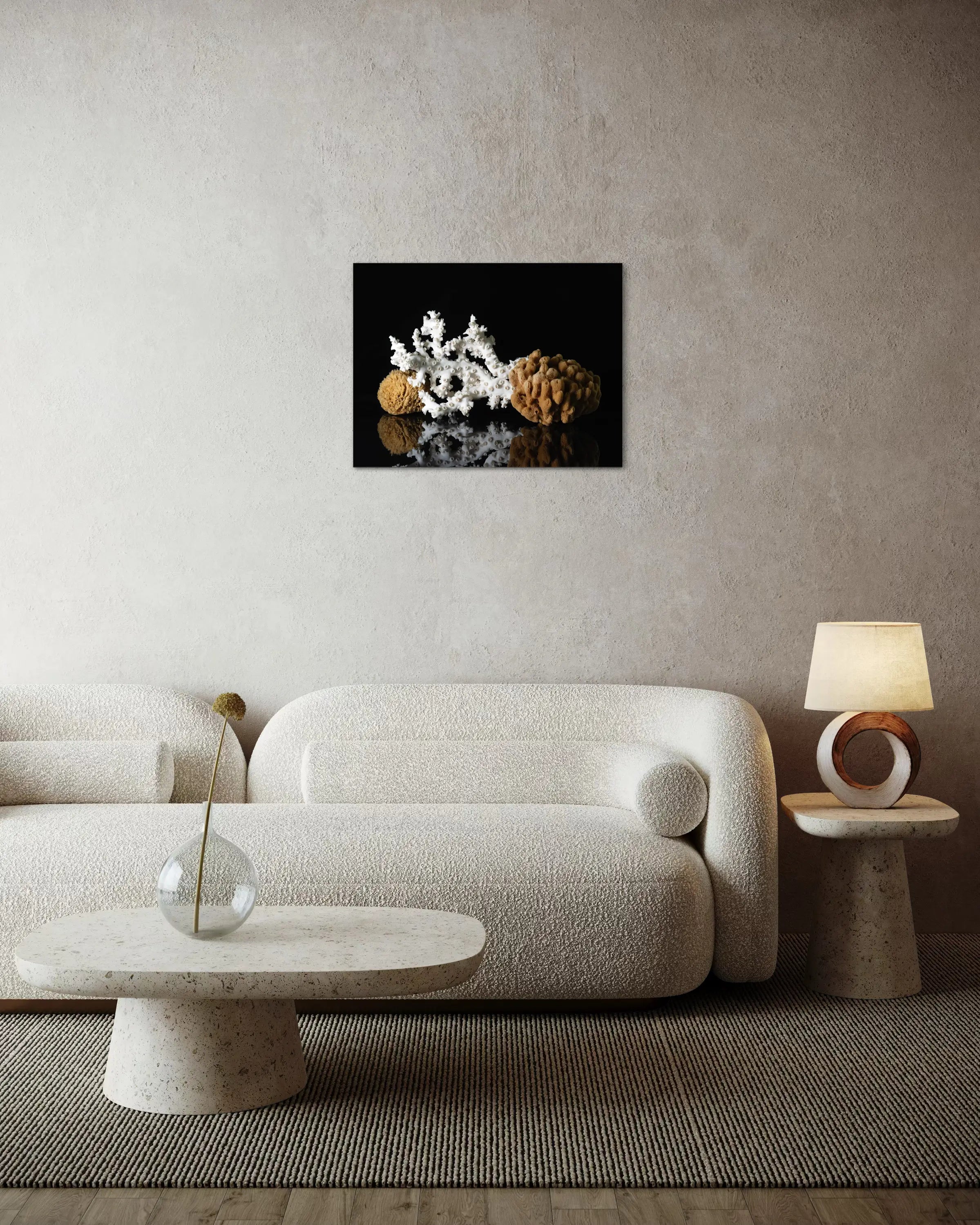 Octopus coral and sea sponge on vibrant coastal glass print, modern decor