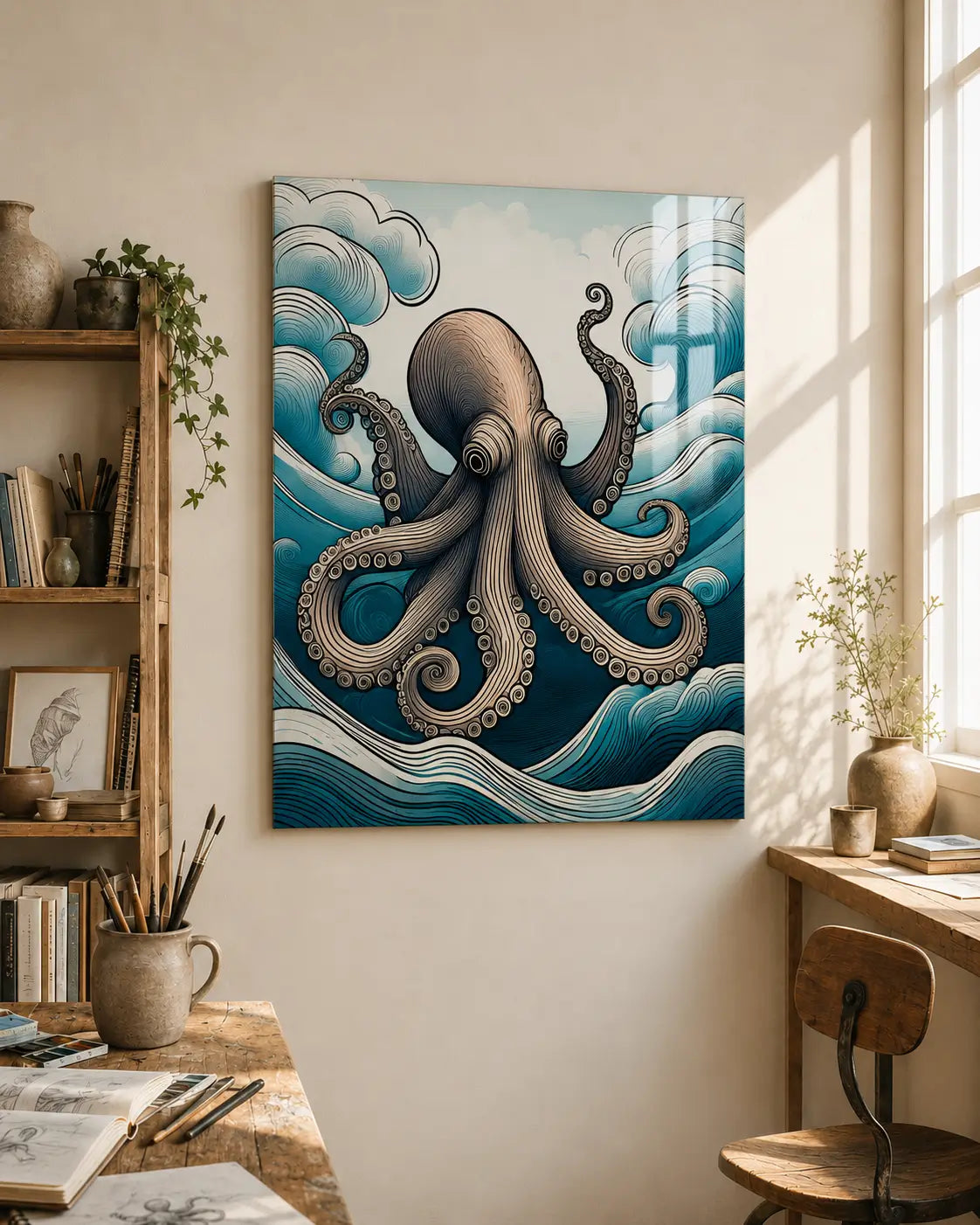 Octopus art coastal glass print on a wall in a home office setting.