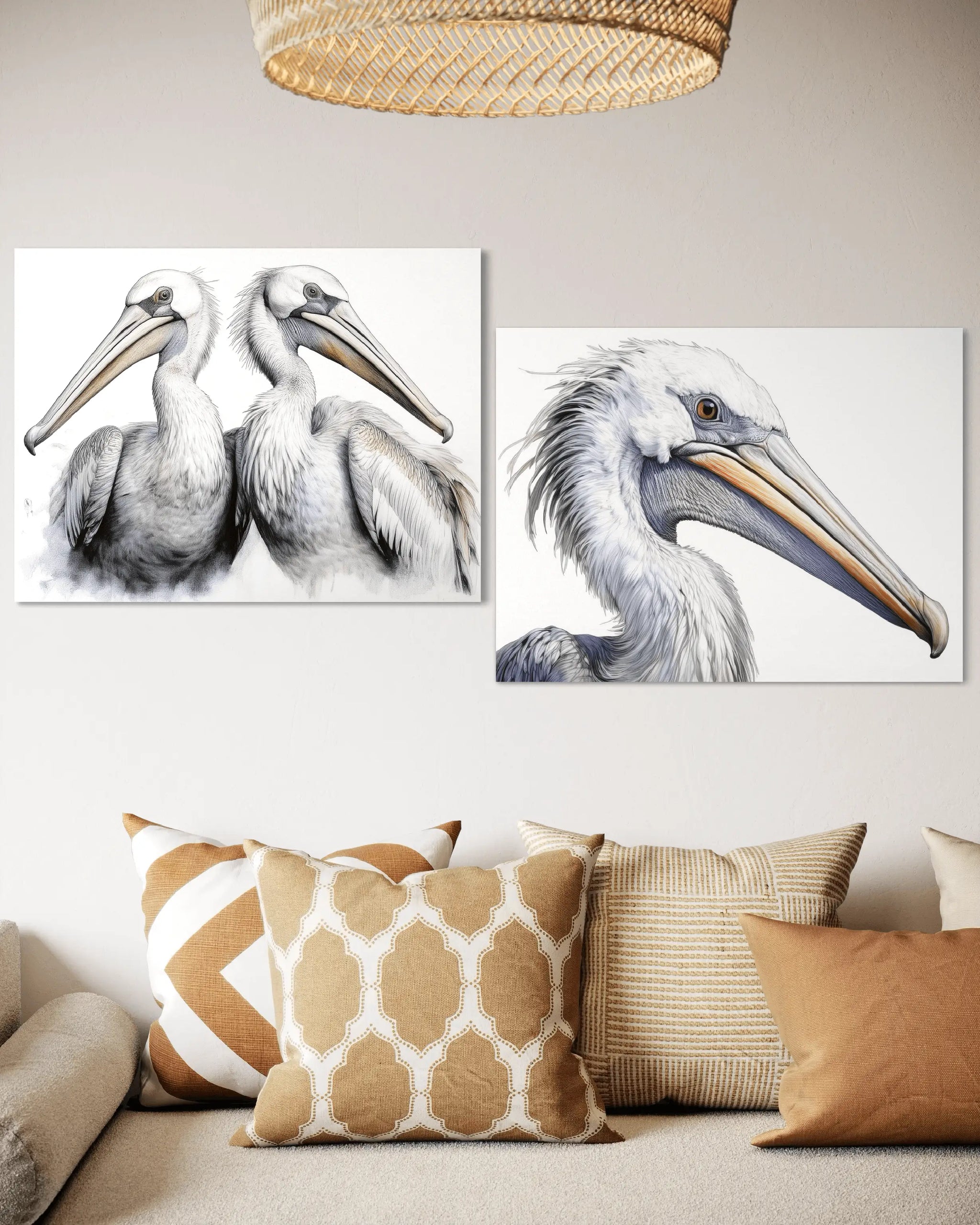 Glass print of a pair of Dalmatian Pelicans displayed with another Dalmatian Pelican print