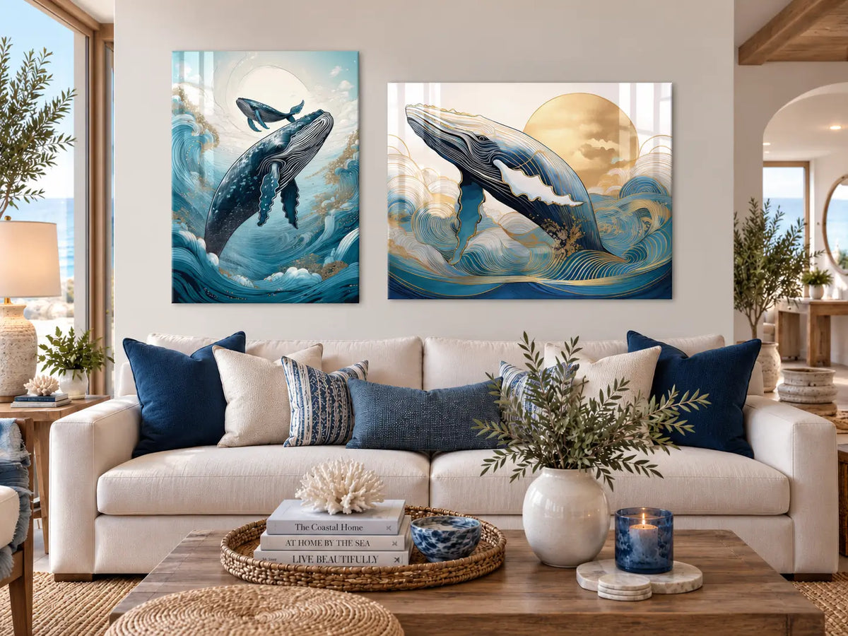 Two coordinating whale glass prints displayed together in a modern coastal living room, with one horizontal and one vertical print in matching blue and gold tones above a sofa.