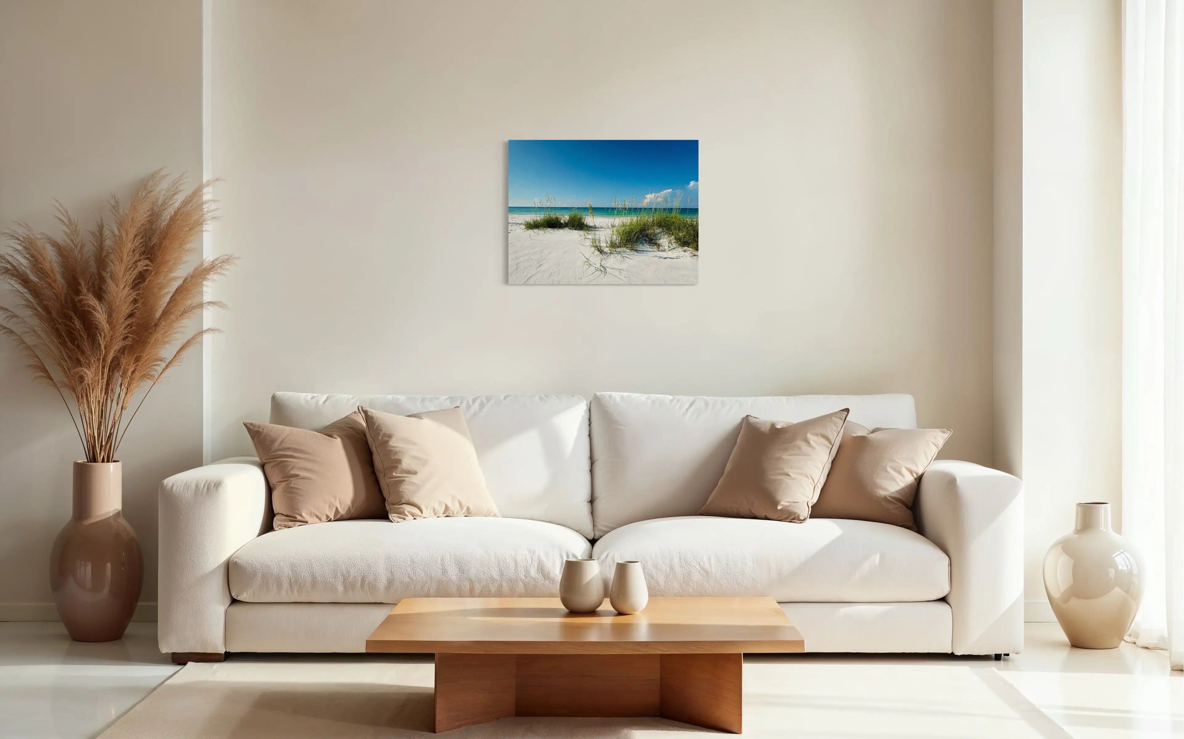 Paradise & Sea Oats coastal glass print displayed above sofa – serene Okaloosa Island beach landscape wall art for unique coastal decor