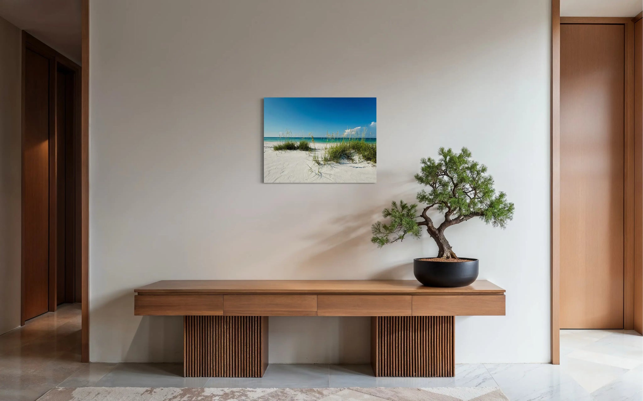 Paradise & Sea Oats coastal glass print – beach scene wall art with sea oats and Gulf waters bringing clarity and calm 