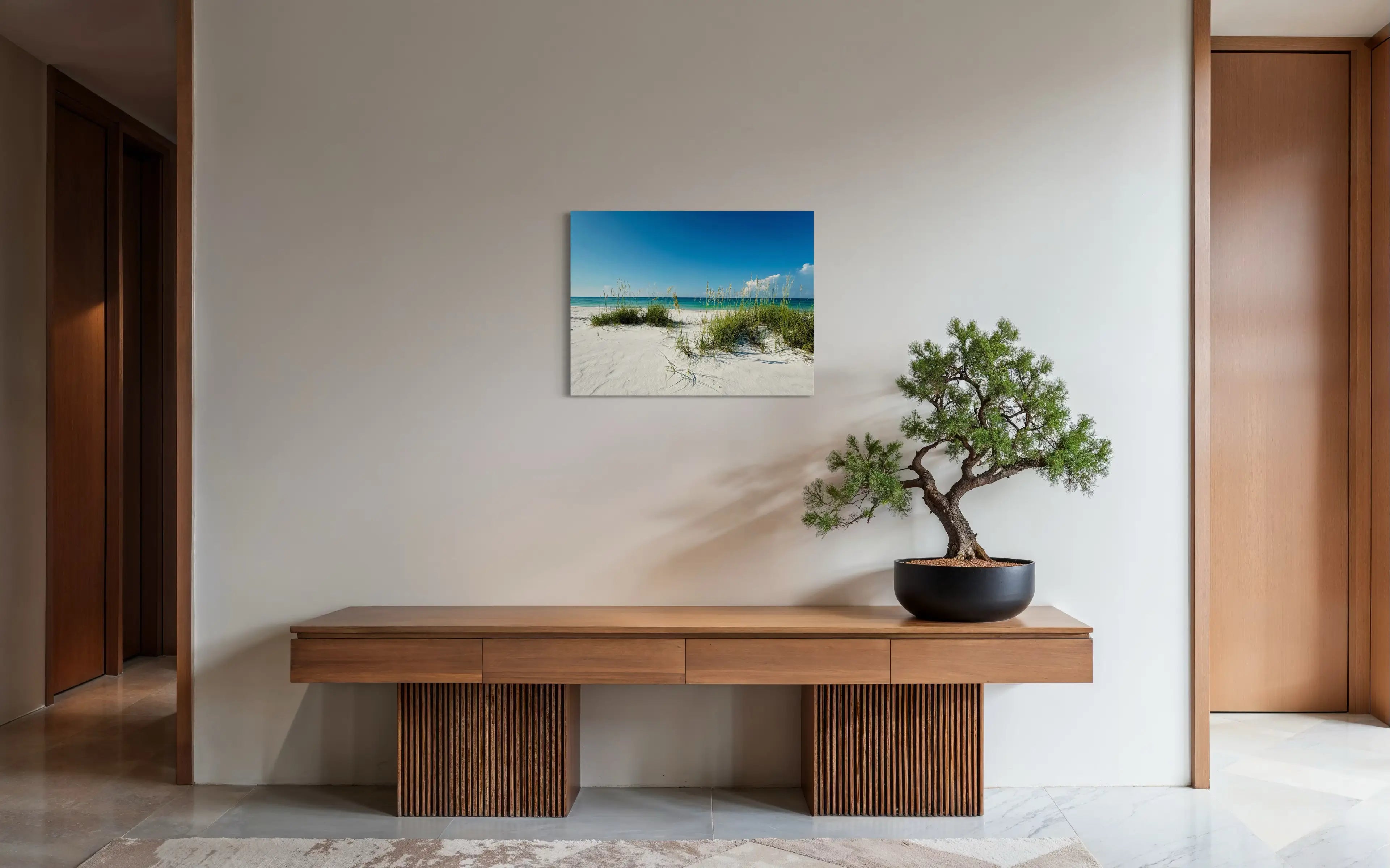 Paradise & Sea Oats coastal glass print – beach scene wall art with sea oats and Gulf waters bringing clarity and calm 