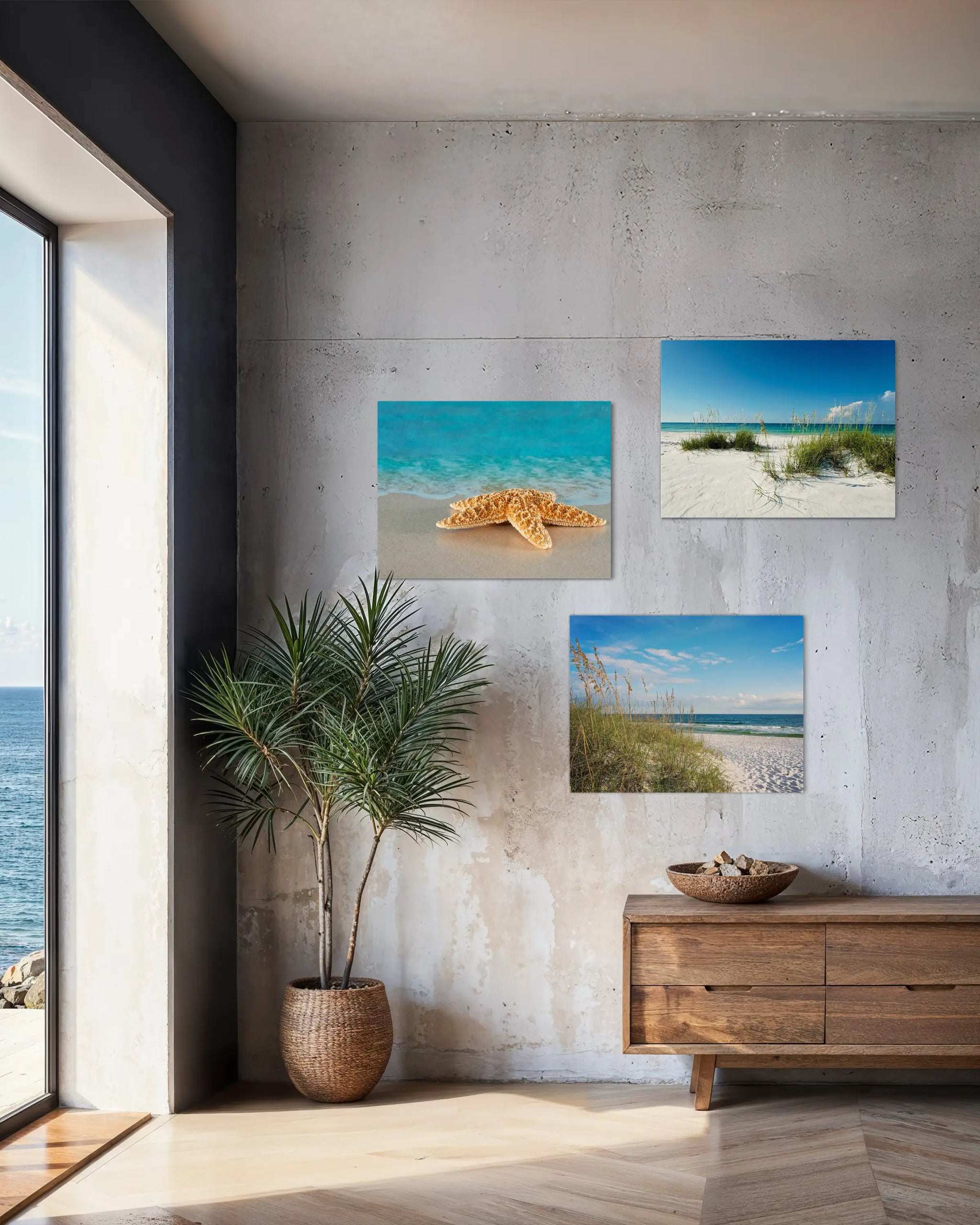 Paradise & Sea Oats coastal glass print gallery wall– serene Okaloosa Island beach landscape wall art for unique coastal decor