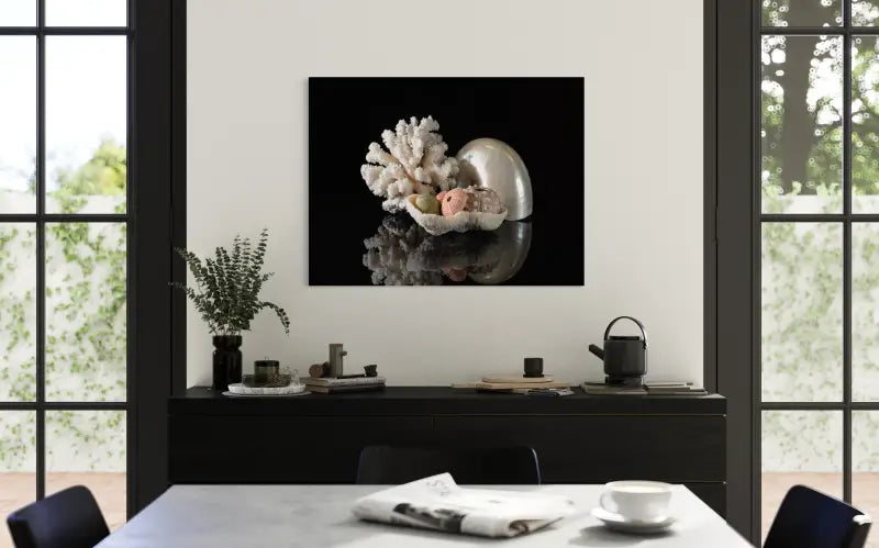 Pearl nautilus, coral, and urchins on black glass, Echoes coastal glass prints-dining room