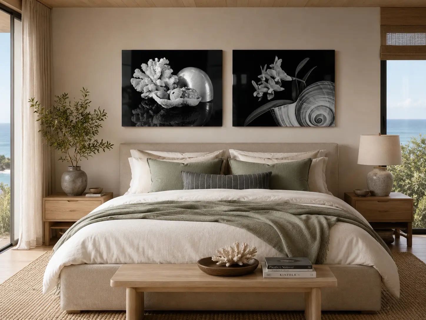 Two black-and-white coastal glass prints featuring nautilus, coral, sea urchins, orchids, and a Giant Tun Shell displayed above a warm neutral bed with sage and charcoal accents and an ocean view.