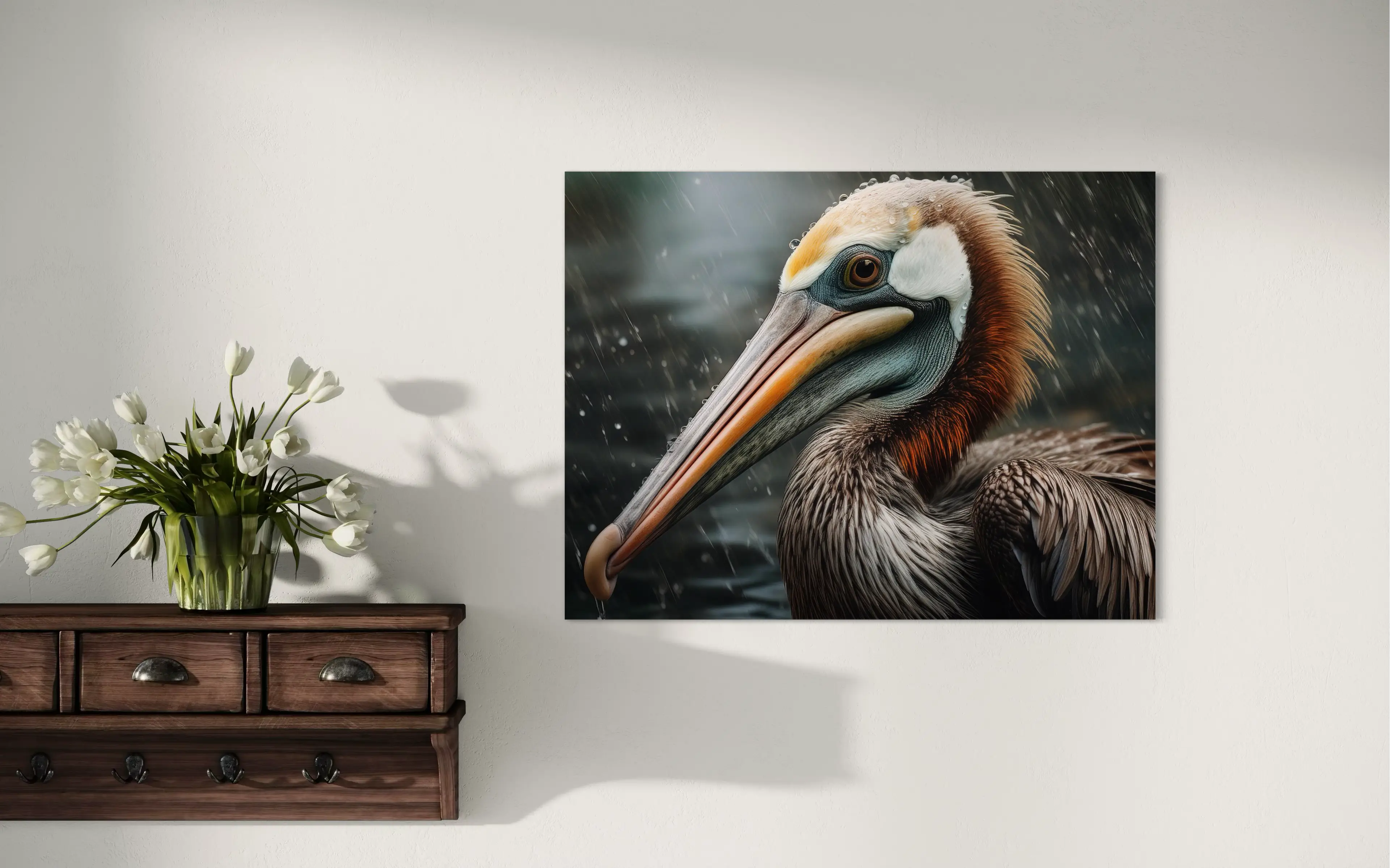 Close-up pelican with raindrops on its feathers and beak in a rainy coastal setting, ocean wall art