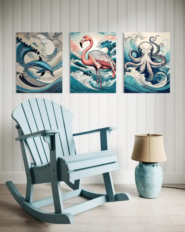 Pink flamingo on a tropical coastal glass art print in shades of pinks and blues displayed with 2 matching prints