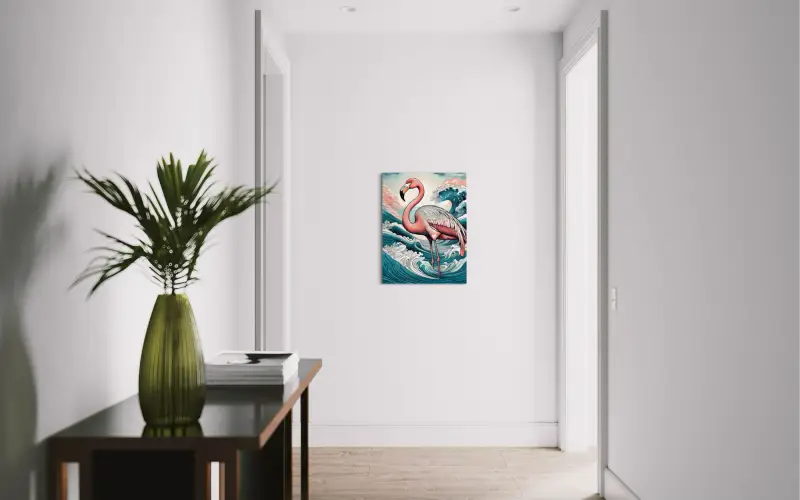 Pink flamingo on a tropical coastal glass art print in shades of pinks and blues, Hallway Coastal Decor
