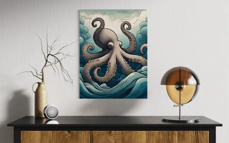 Whimsical line art octopus amidst Hokusai-style blue and turquoise waves on glass -wall decor