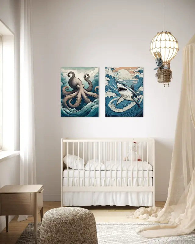 Whimsical line art octopus amidst Hokusai-style blue and turquoise waves on glass_coastal nursery decor