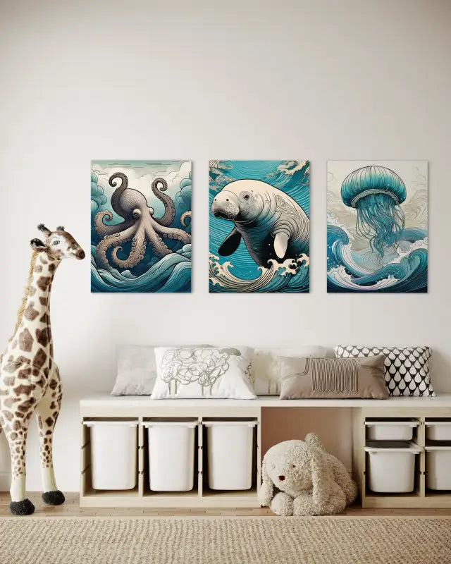 Whimsical line art octopus amidst Hokusai-style blue and turquoise waves on glass- nursery wall gallery