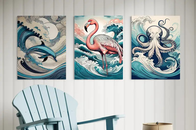 Line art dolphin frolicking in Hokusai-style waves on glass-wall gallery with 2 other Echoes prints