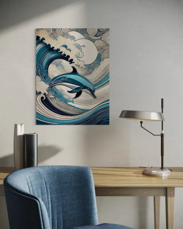 Line art dolphin frolicking in Hokusai-style waves on glass-above a desk.