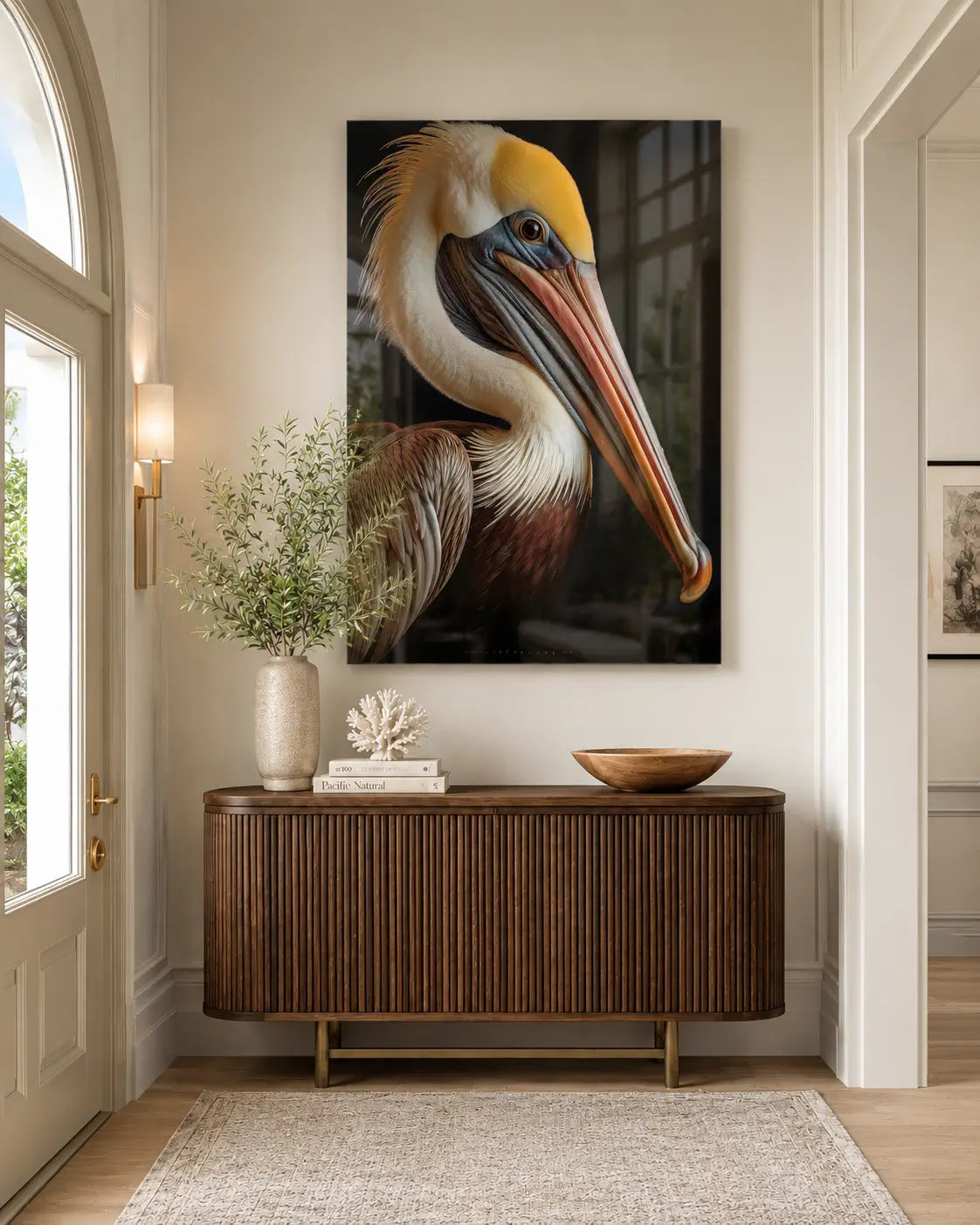 Coastal entryway with a regal brown pelican glass art print