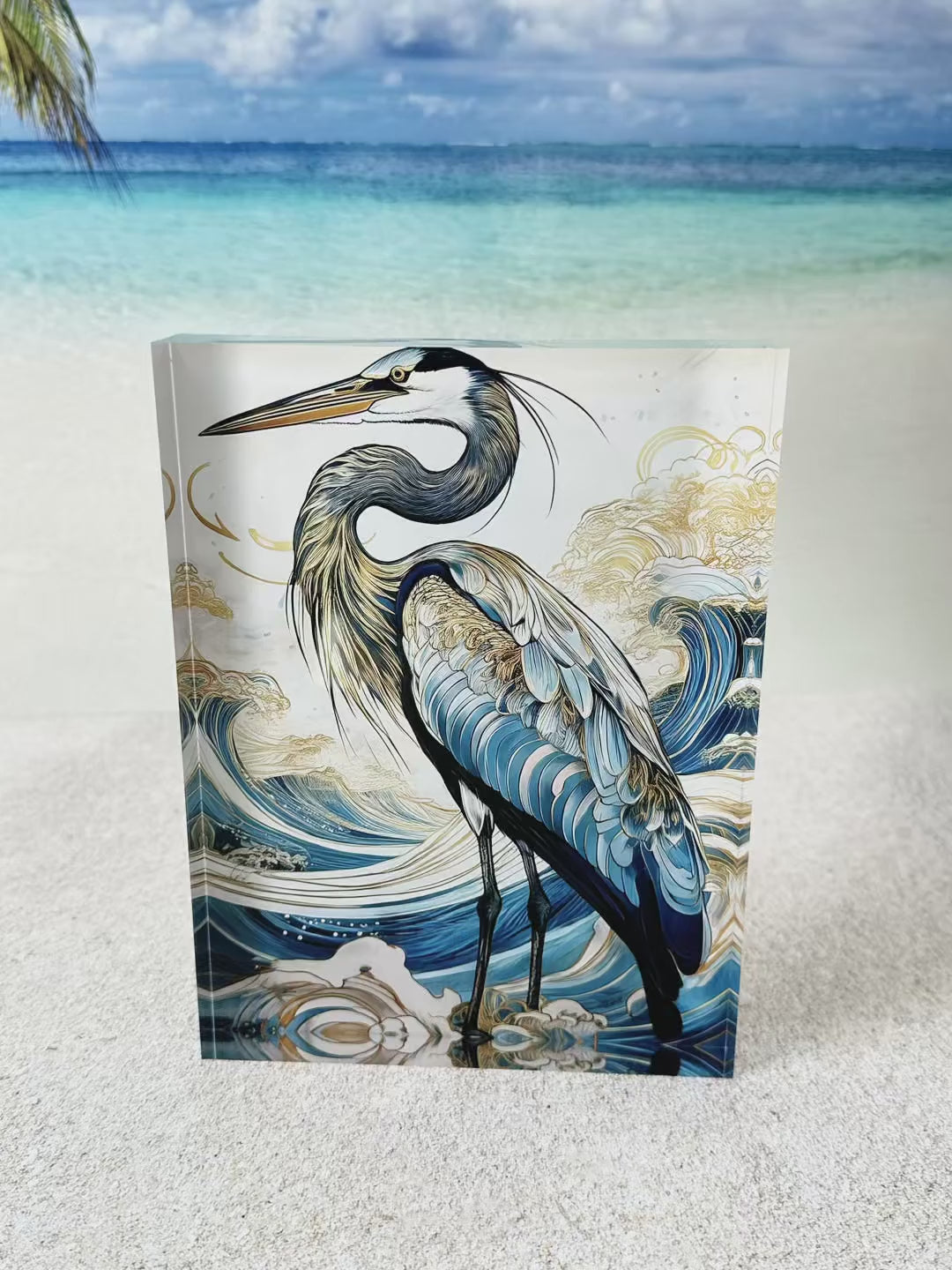 Video-Elegant Blue & Gold Great Heron Coastal Acrylic Block Print from Echoes of the Sea, showcasing intricate heron details