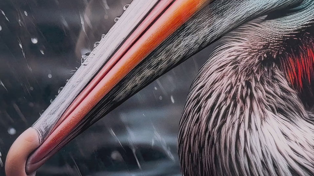 Video of the rainy day pelican glass print showing the detail of raindrops