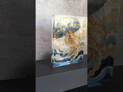 Jellyfish floating in blue waves with gold accents on a 1-inch thick acrylic block.