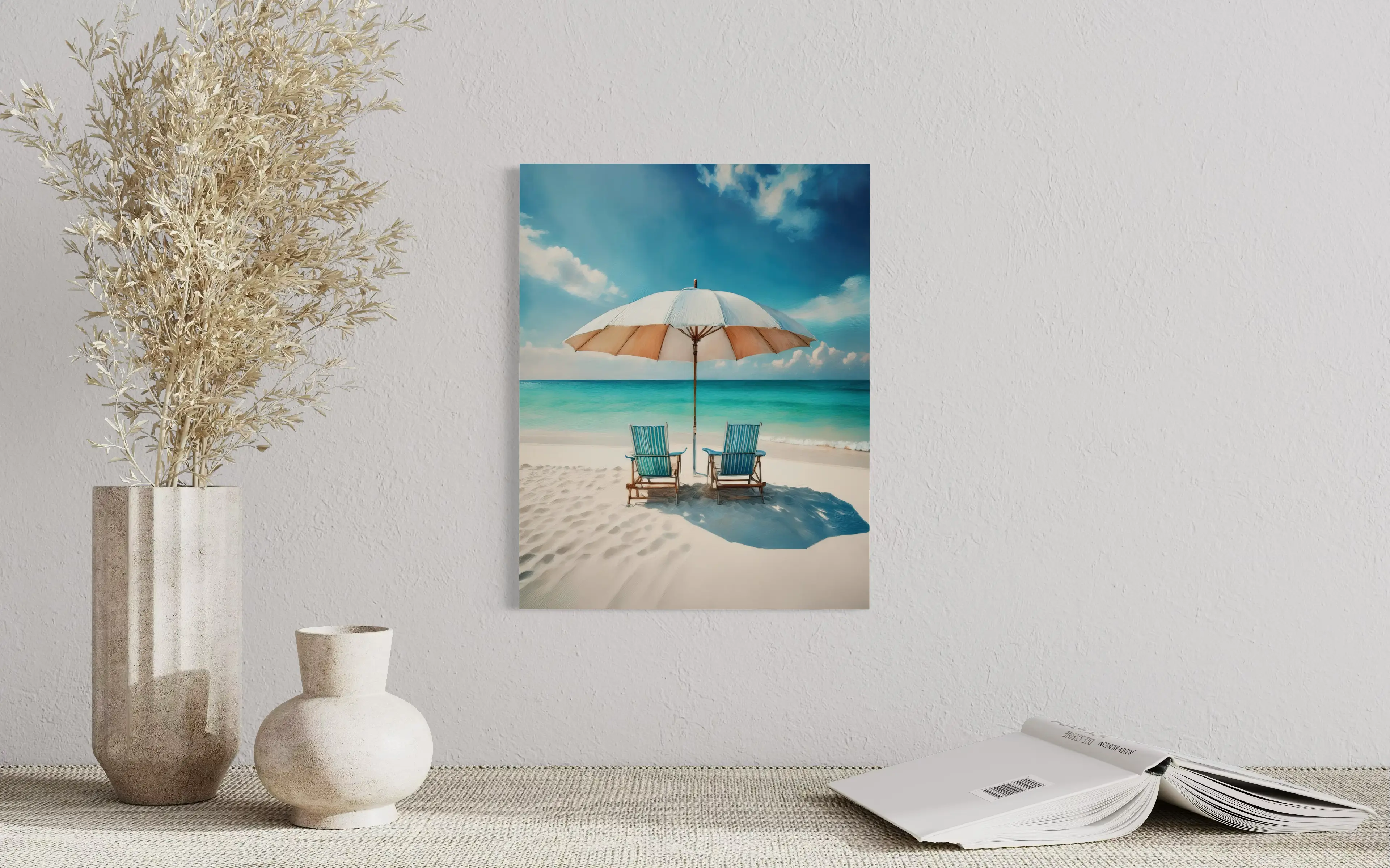 Relaxing in Paradise coastal beach glass print wall art with tranquil beach chairs and blue ocean scene