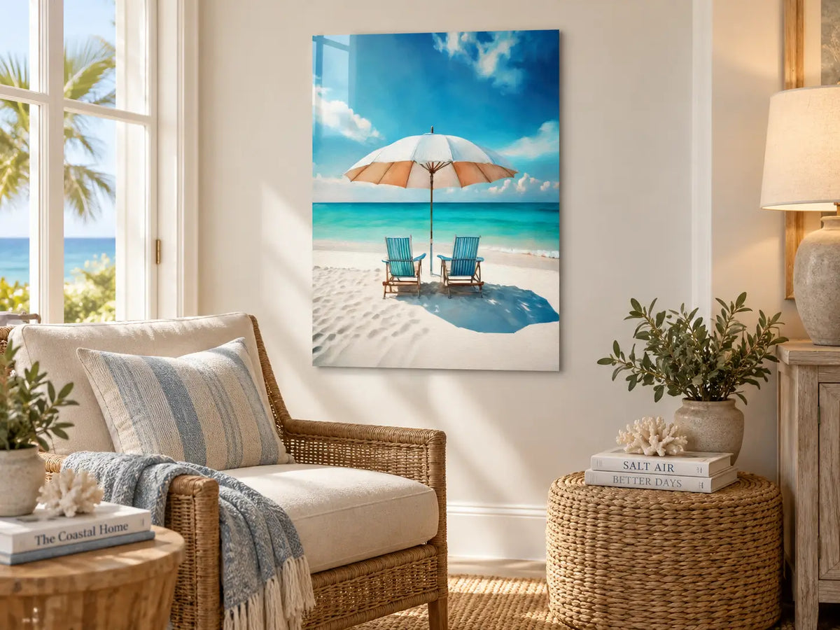 Relaxing in Paradise coastal glass print styled in a small intimate coastal living room sitting area.