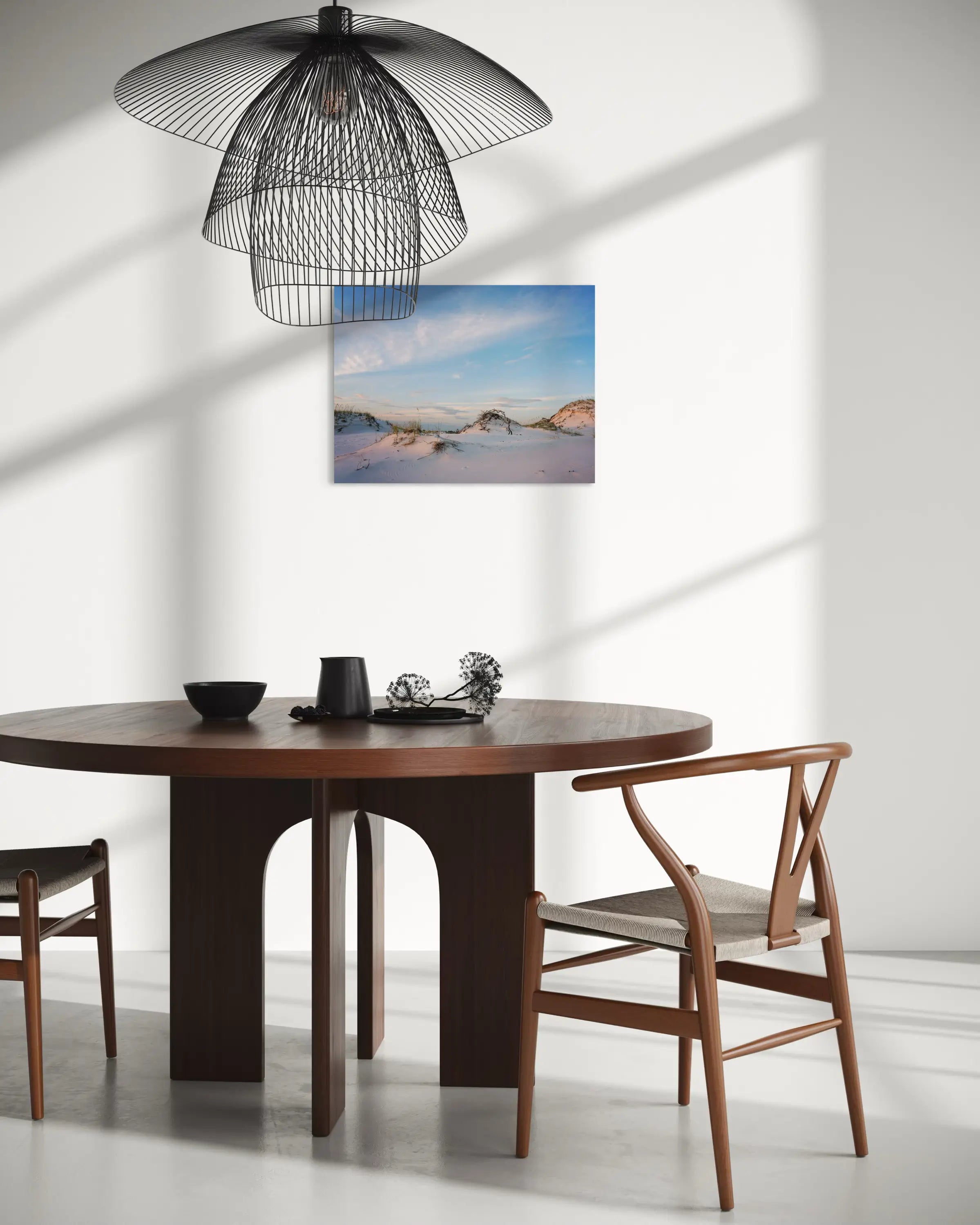 Sandy dunes and sea oats on reflective glass, coastal art for beach dining decor.
