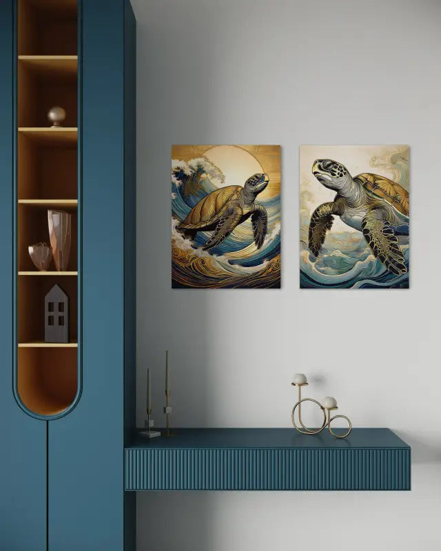 Sea Turtle Golden Wave Crests Glass Art, coastal marine decor, eco-friendly displayed with an Echoes Turtle print