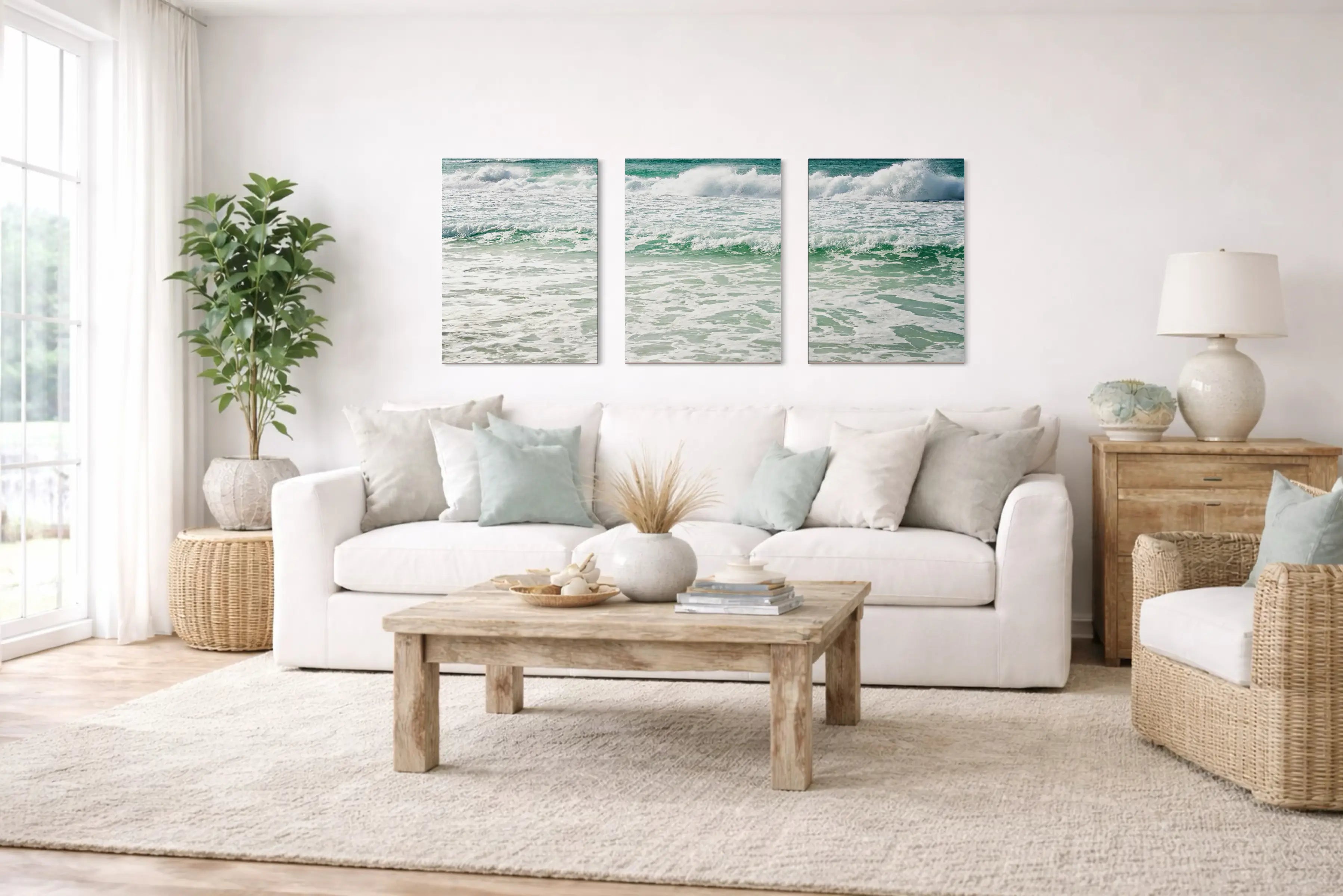 Coastal living room in soft sea glass and neutral tones with ocean wave triptych wall art.