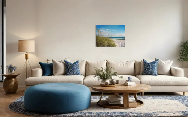 Sea oats on beach with turquoise waves, Echoes of the Sea coastal glass art - living room