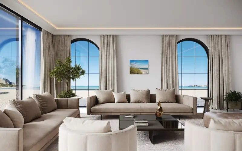 Sea oats on beach with turquoise waves, Echoes of the Sea coastal glass art wall art in living room