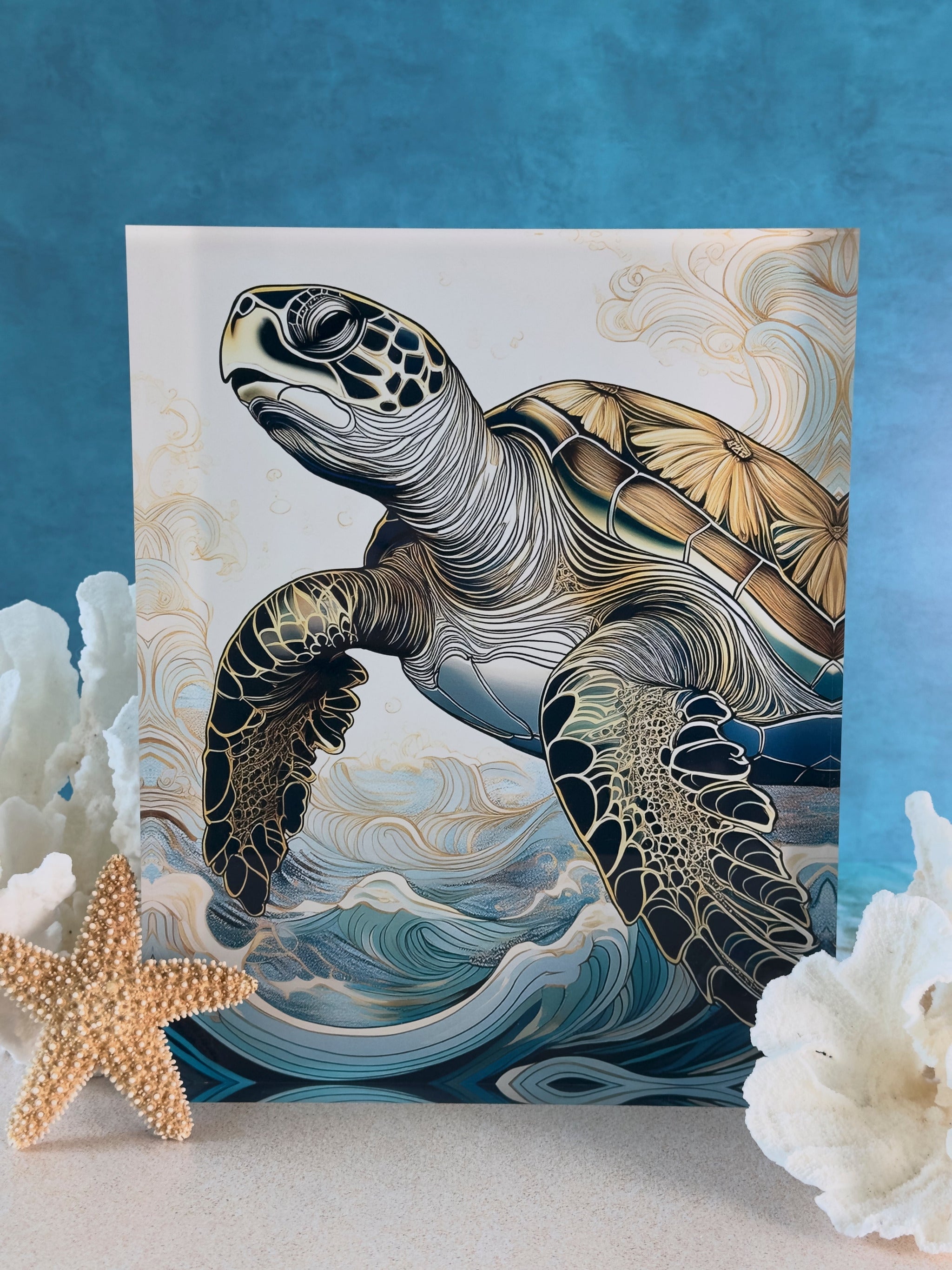 Sea Turtle swimming in the waves on 1" acrylic block print.