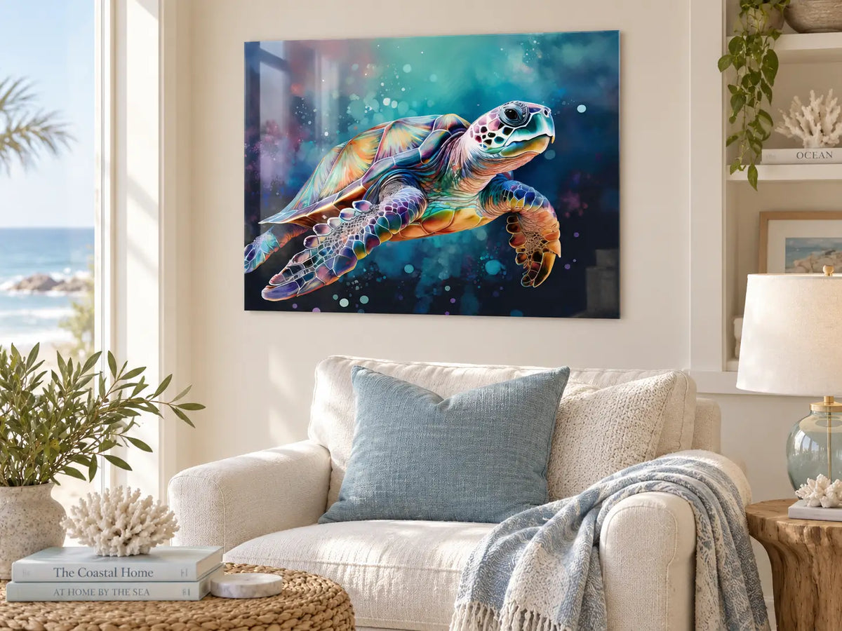 Sea Turtle Glass Print by Echoes of the Sea displayed in a serene coastal sitting room above a light-colored sofa, featuring luminous underwater turtle art on frameless glass.