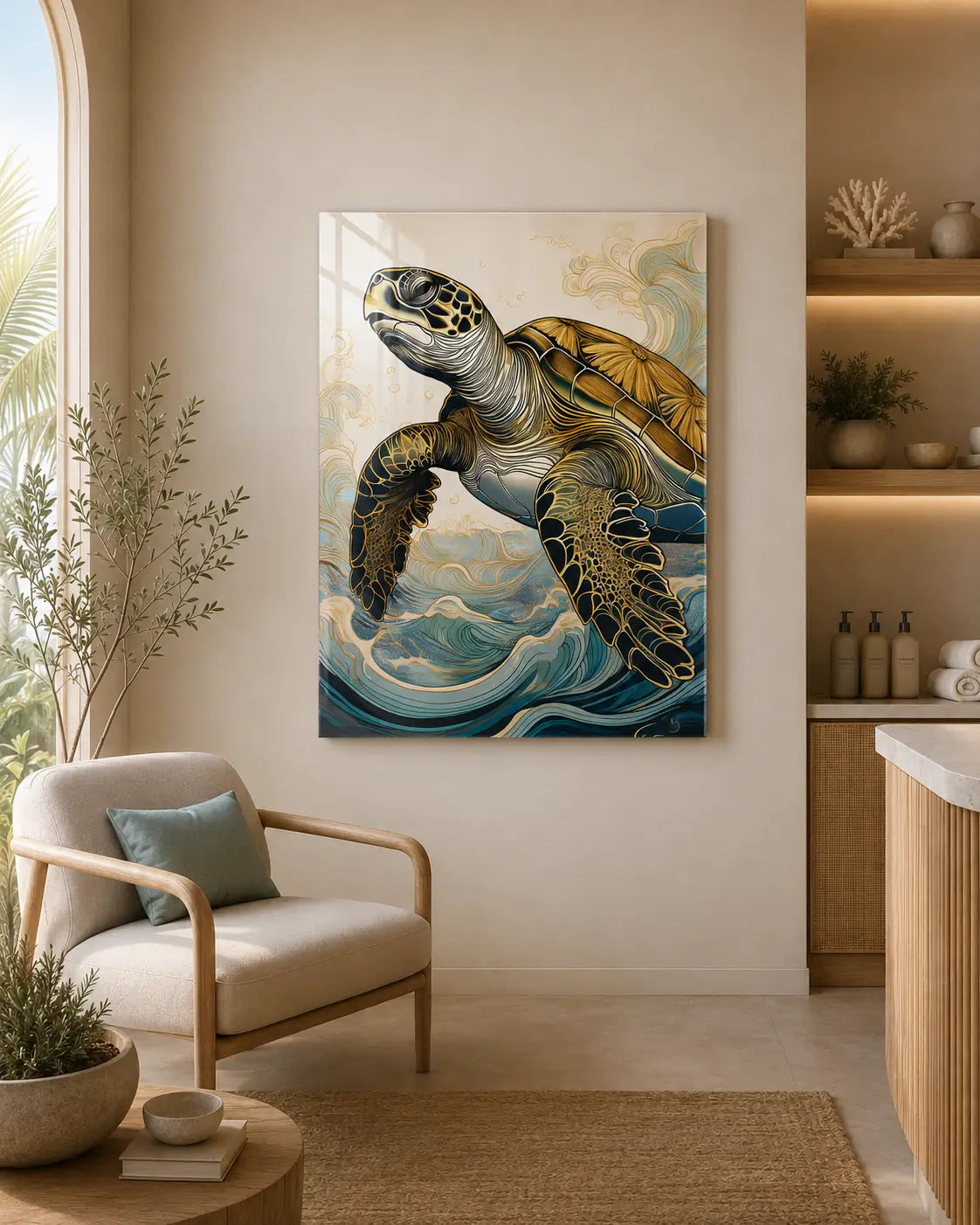 Therapy office with calming sea turtle glass print