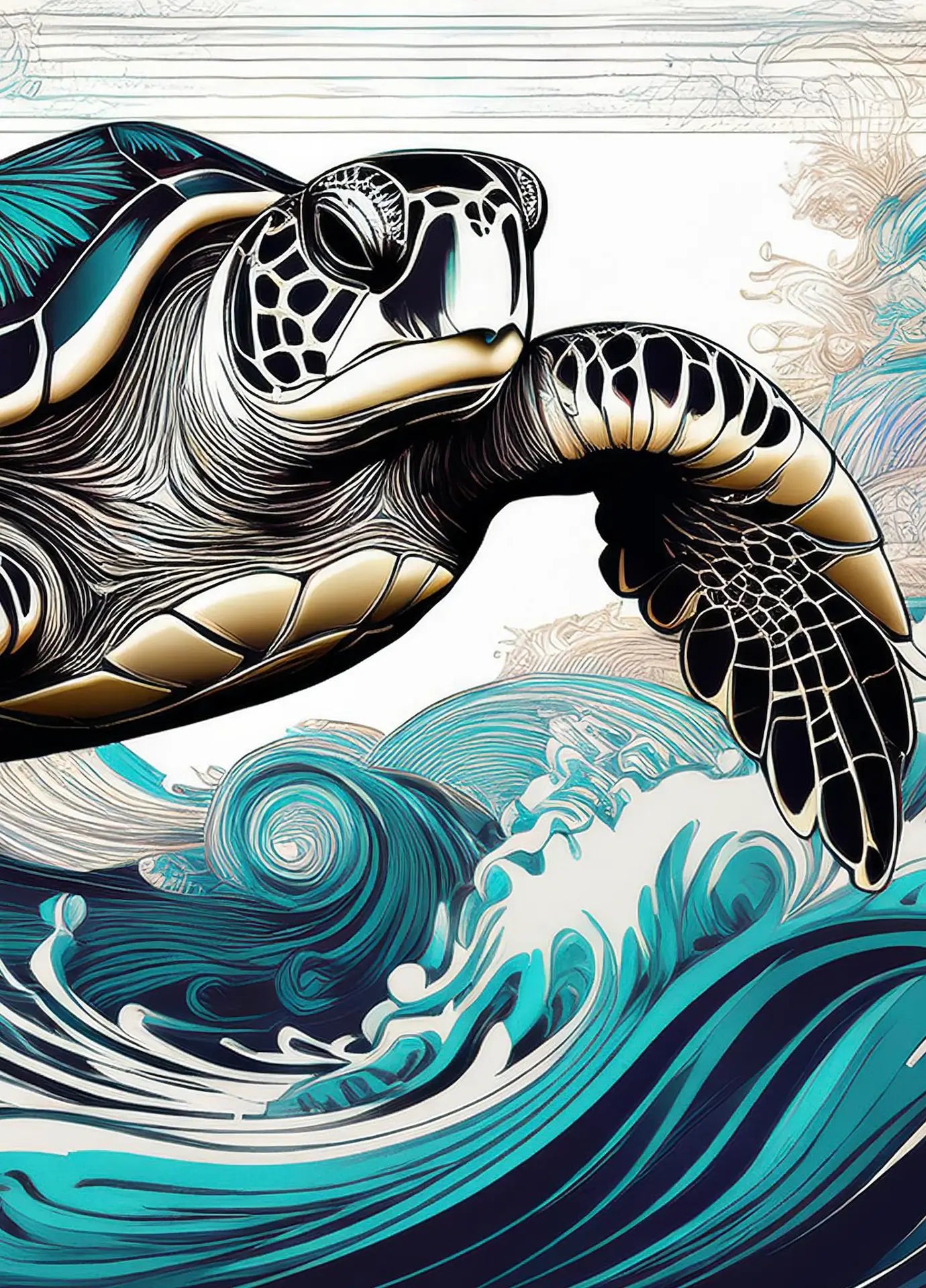 Sea turtle ocean print – turtle gliding through stylized waves, Hokusai-inspired marine art.
