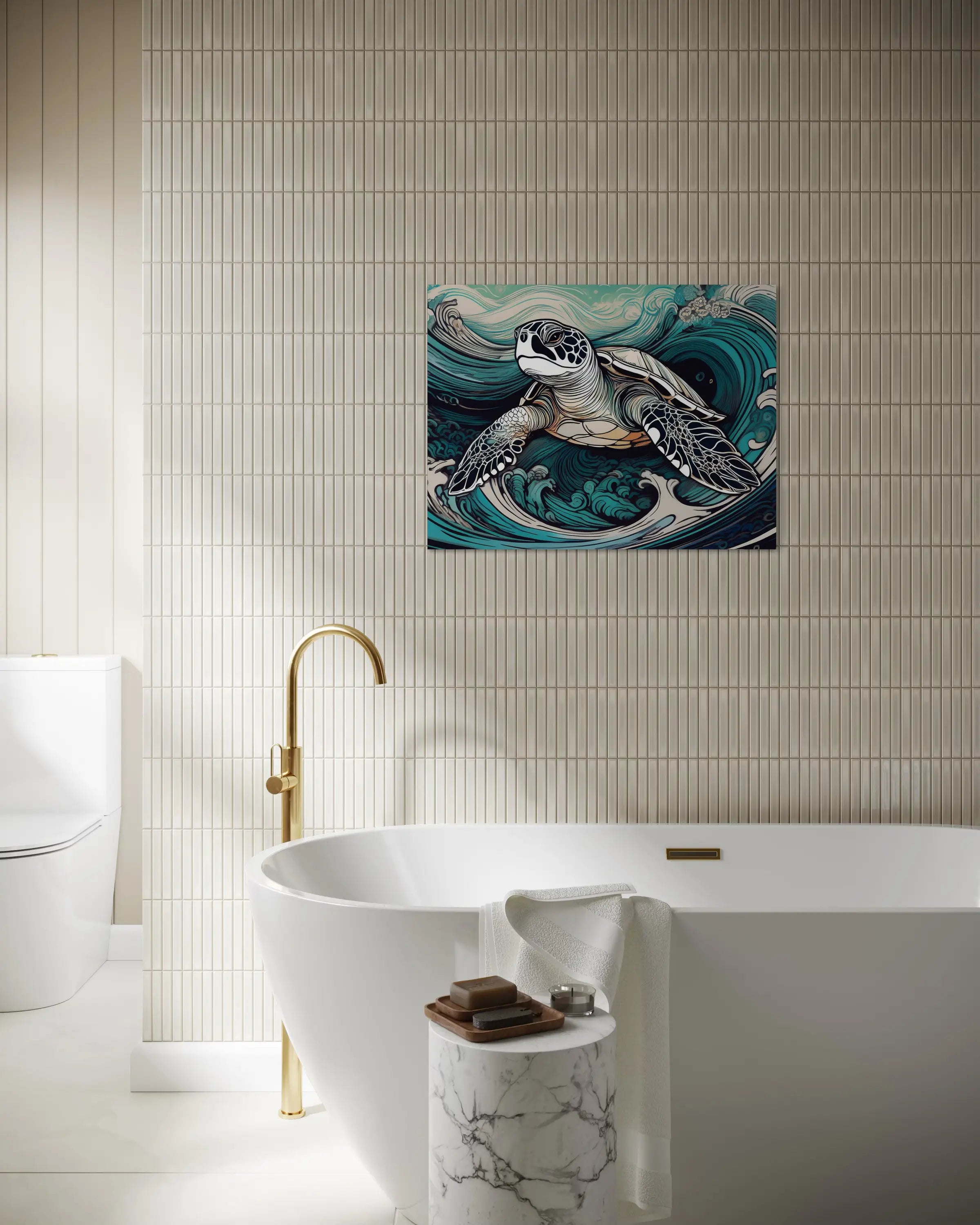 Sea turtle riding stylized Hokusai-inspired waves in blue and earth tones, coastal glass print in bathroom