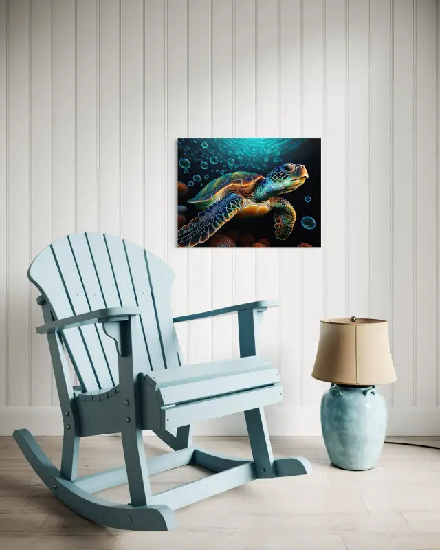 Underwater scene with sea turtle and bubbles coastal glass print, coastal wall decor