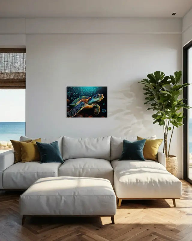 Underwater scene with sea turtle and bubbles coastal glass print with living room decor
