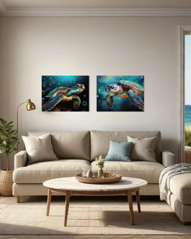 Underwater scene with sea turtle and bubbles coastal glass print paired with matching Echoes print.