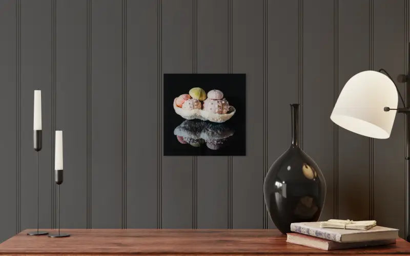 Sea urchins in coral bowl coastal seashell glass print, Echoes of the Sea, coastal decor