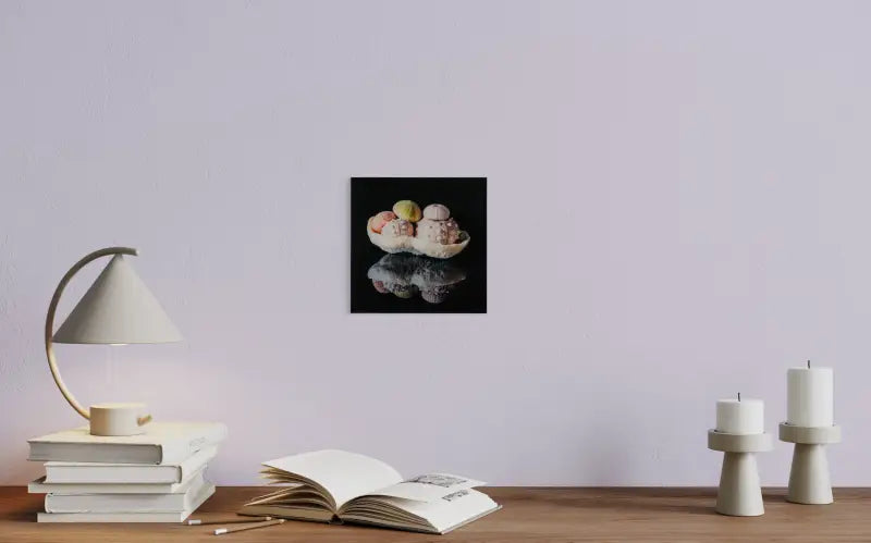 Sea urchins in coral bowl coastal seashell glass print, Echoes of the Sea-above table